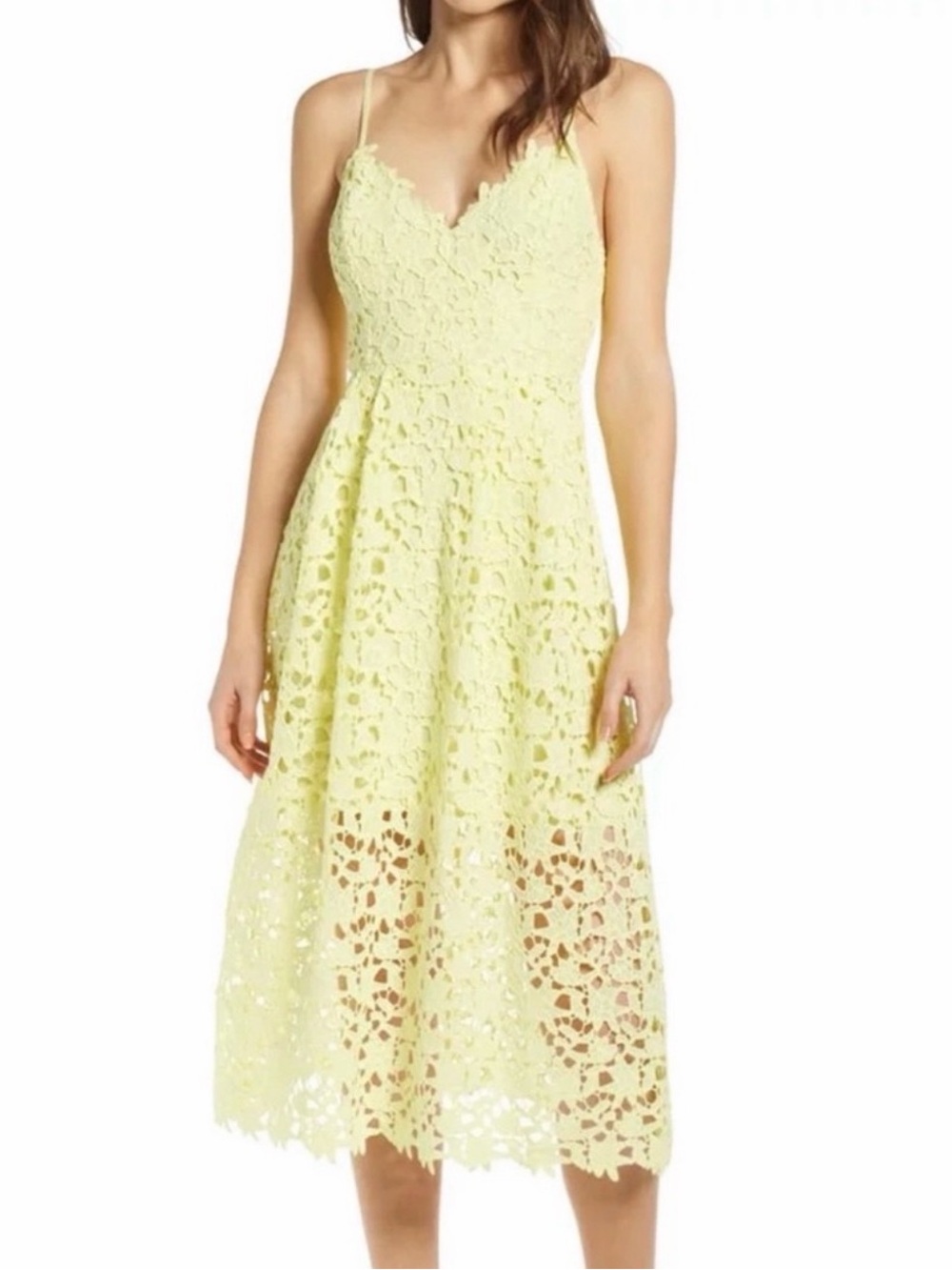 Astr Yellow Lace Midi Dress with Spaghetti Straps